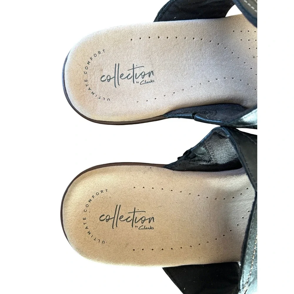 Clarks Collection Women Black Leather Wedge Thong Flip Flop Sandals‎ Size 11